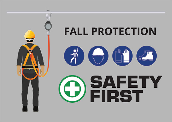 Worker on a roof using fall protection equipment to work safely at height